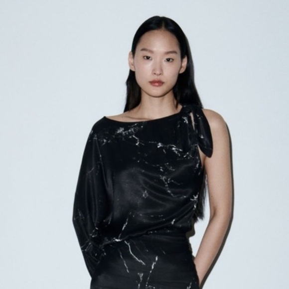 4/$20 Zara NWT Marble Effect One-Shoulder silk look blouse with knot - size XS - Picture 1 of 7